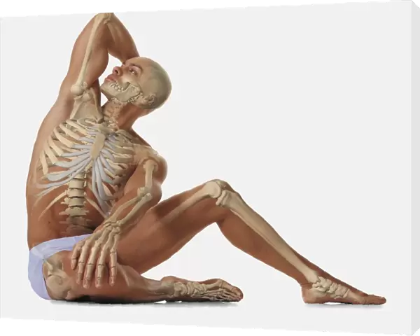 Man sitting on floor with one hand behind head, other hand on his knee, looking up, illustration of his skeleton overlaid