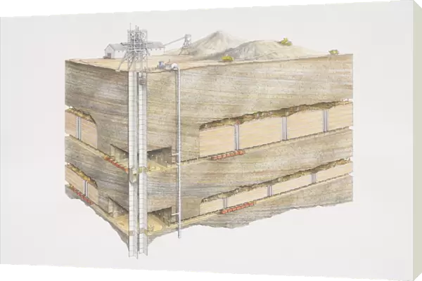 Gold mine, overground site with buildings and rubble heaps, underground cross section