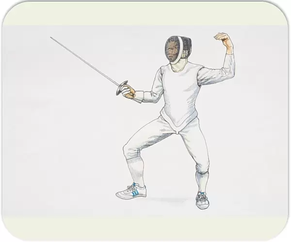Fencer standing poised, crouching with legs apart, one arm holding up saber in front, other arm bent up behind, side view