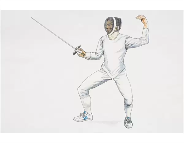 Fencer standing poised, crouching with legs apart, one arm holding up saber in front, other arm bent up behind, side view
