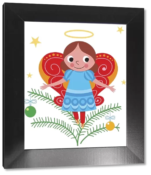 Smiling angel with halo and butterfly wings, standing on Christmas tree twig decorated with baubles