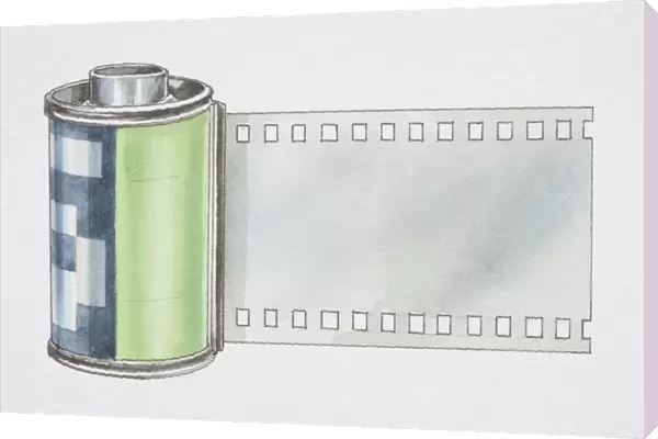 Edge of 35mm film roll extending out of its plastic case