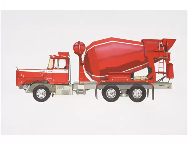 Red cement truck, side view