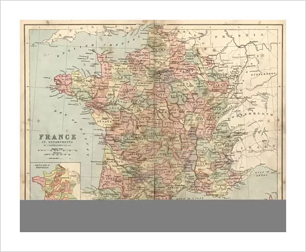 Antique damaged map of France in the 19th Century