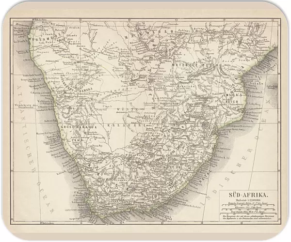 Ancient map of South Africa, lithograph, published in 1876