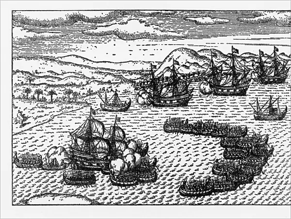 Historical Map of Dutch Navigators Battle in Portugal Illustration