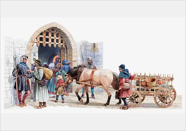 Illustration of peasants arriving at a medieval castle to buy and sell in the courtyard market
