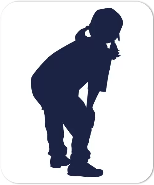 Black and white digital illustration of girl bending over with hand on knees