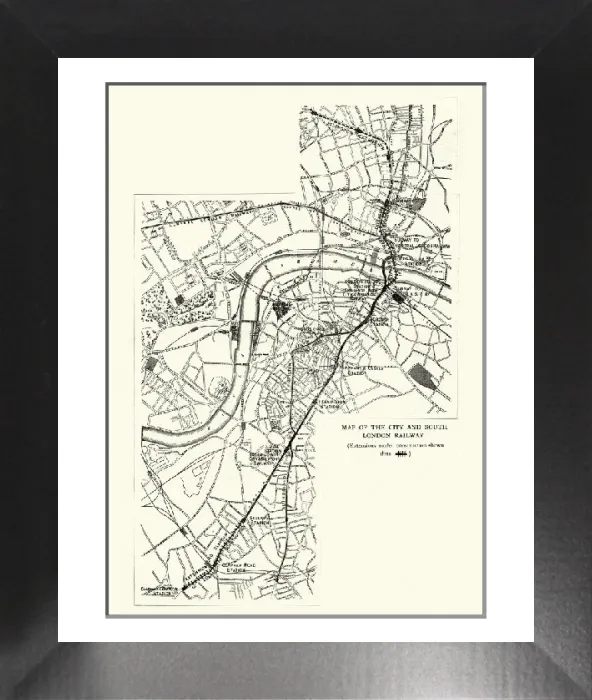 Framed Print : 1899 Map of the City and South London Railway Print Framed Print : 1899 Map of the City and South London Railway Print