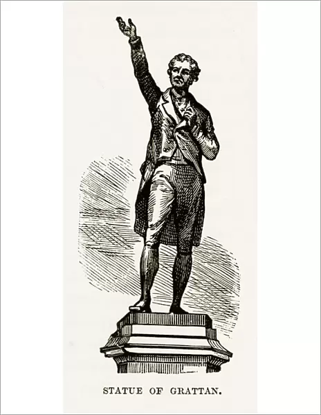 Statue of Henry Grattan, Dublin, Ireland Victorian Engraving, Circa 1840