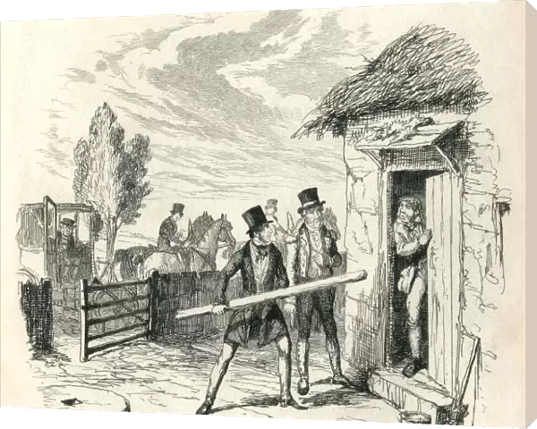 Two Victorian men trying to force entry to a cottage