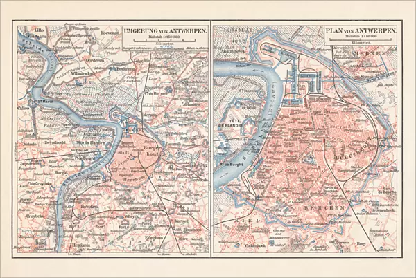 City map of Antwerp and surrounding, Belgium, lithograph, published 1897