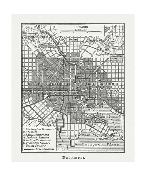 City map of Baltimore, Maryland, USA, wood engraving, published in 1897