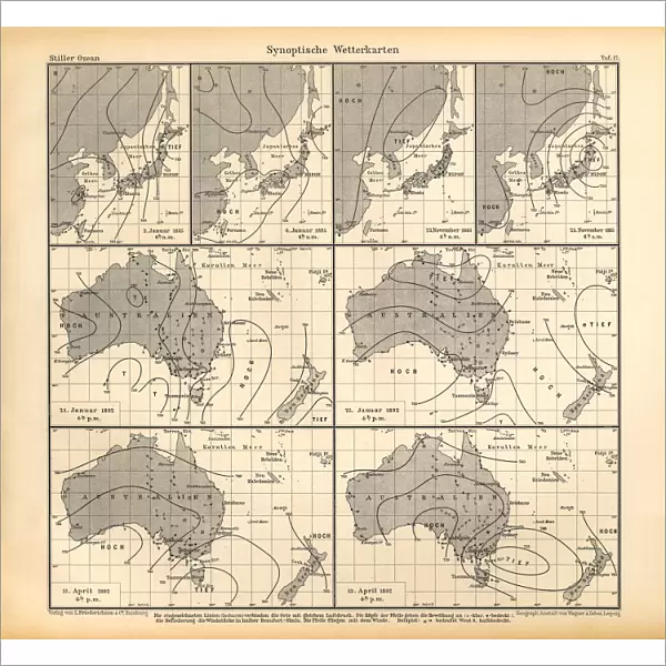 Synoptic Weather Maps Chart, Pacific Ocean, German Antique Victorian Engraving, 1896