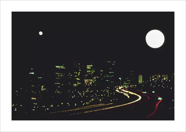 beautiful, buildings, city, cityscape, full moon, landscape, lights, night, nobody