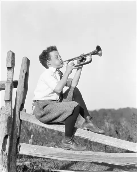 Boy sitting on fence, playing musical instrument