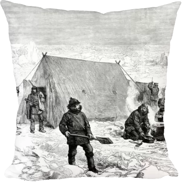 Men of a North Pole expedition cooking outside of the tents
