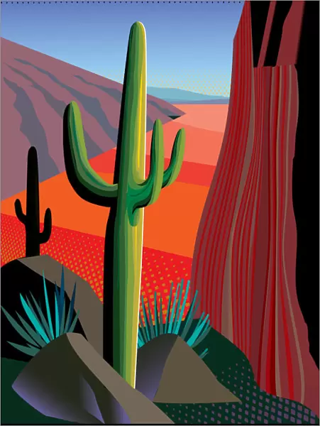 Desert, Saguaro Cactus, Mountains Landscape Illustration