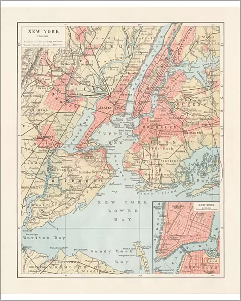 Historical map of New York City, USA, lithograph, published 1897