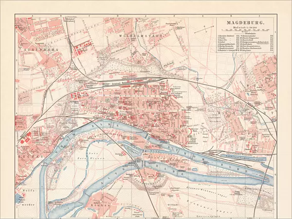 City map of Magdeburg, Saxony-Anhalt, Germany, lithograph, published in 1897