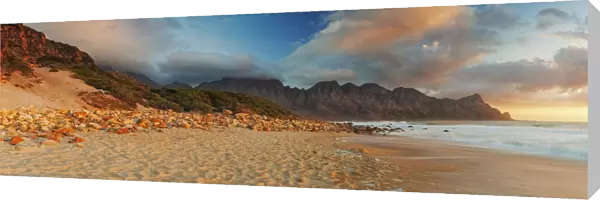 Panoramic Photo of the Bay of Water otherwise known as Kogel Bay with the Kogelberg Mountain Range in the Distance. Western Cape Province, Cape Town, South Africa