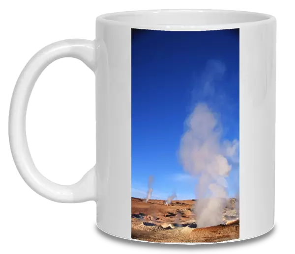 Portrait of Natural Geysers Steaming at Sunrise