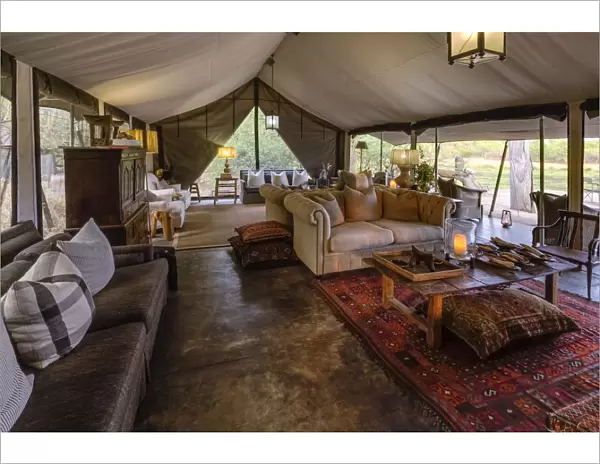Tented lounge area of luxury Machaba Camp, Okavango Delta, Botswana