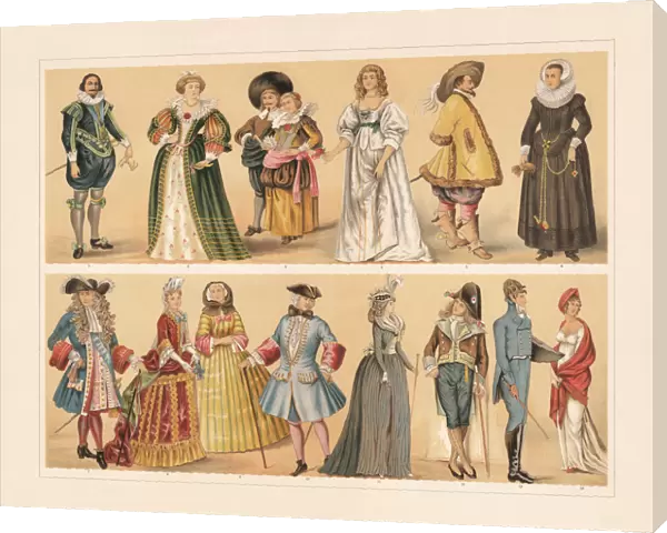 European costumes, 17th - 19th century, chromolithograph, published in 1897