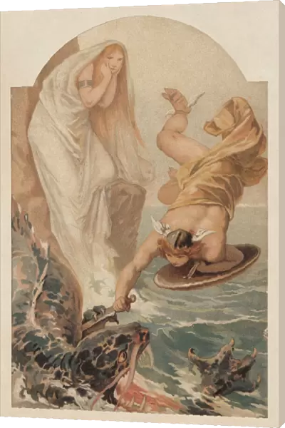 Perseus freeing Andromeda, Greek Mythology, lithograph, published in 1897