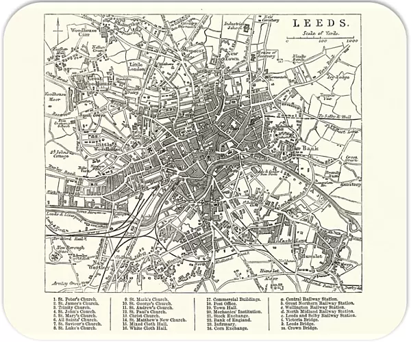 Map of Leeds, Wesy Yorkshire, England 19th Century