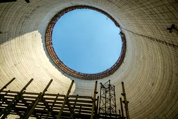 Inside unfinished cooling tower in the Chernobyl Exclusion Zone, Pripyat, Ukraine