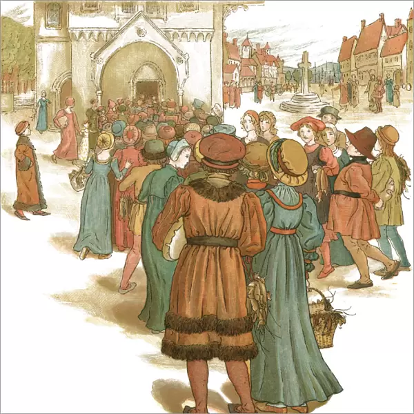 Townsfolk queuing to enter the town hall