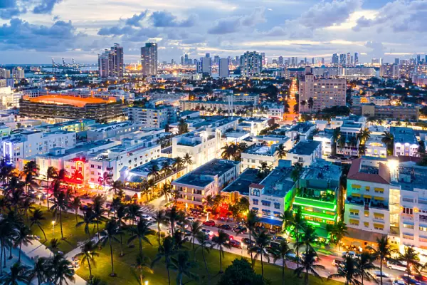 Aerial of Art Deco district and Miami downtown, Florida