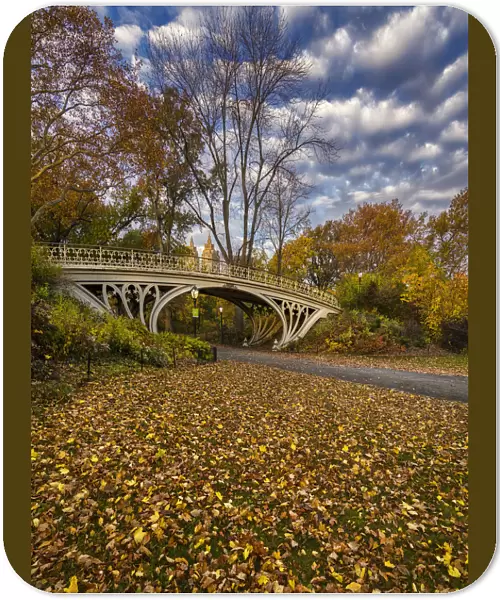 Bridge in New York Citys Central Park on a colorful autumn day