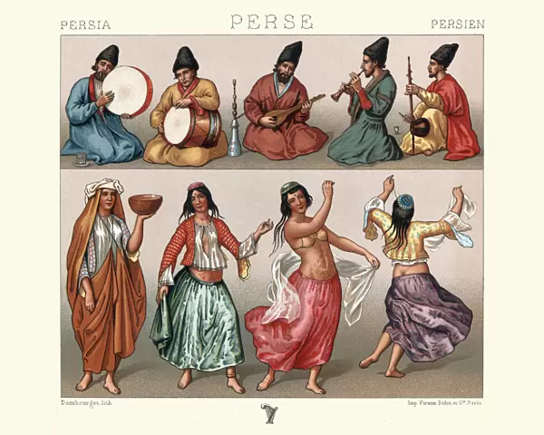 Dancing women and musicians, Traditional costumes of Persia, 19th Century