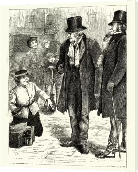 Victorian shoeshine boy offering to polish a mans shoes, 1870