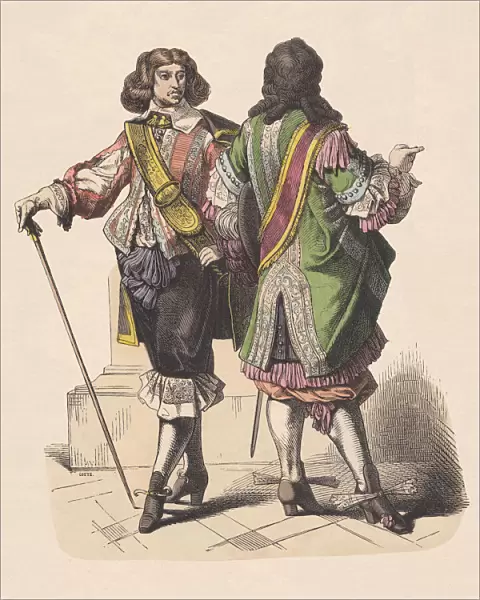 French cavalaiers, late 17th century, hand-colored wood engraving, published c. 1880