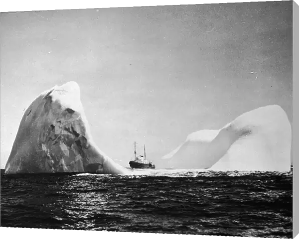 Ice Giant. circa 1950: US Coast Guard cutter Acushnet dwarfed by a crescent