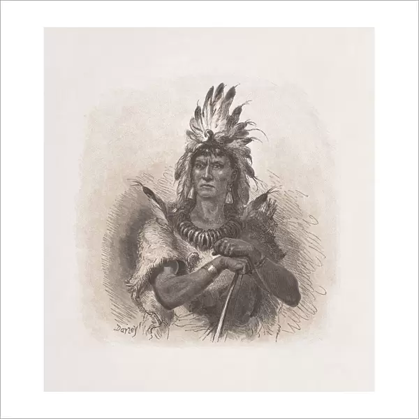 Native American chief, wood engraving, published in 1876