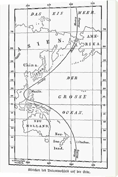 Historical map with the date line, wood engraving, published 1893