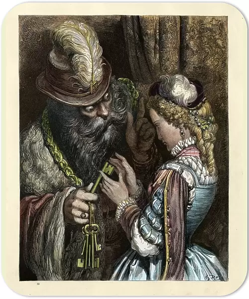 Bluebeard warning his wife not to open locked room, fairytale