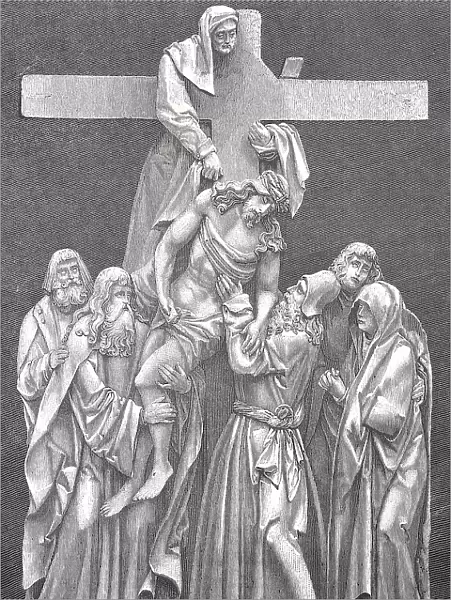 The Deposition of Christ from the Cross is the scene depicted in art from the accounts of the Gospels in which Joseph of Arimathea and Nicodemus remove Christ from the cross after his crucifixion, here a relief from the church of Seligenstadt