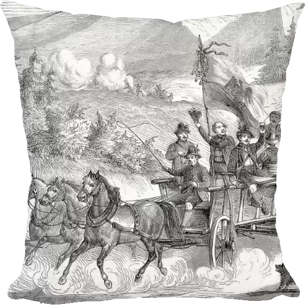 The marksmen from the Pustertal, South Tyrol, on their way with a travelling carriage to the third federal marksmen's festival, Schuetzenfest 1868, Vienna, Austria, Historic, digitally restored reproduction of a 19th century original