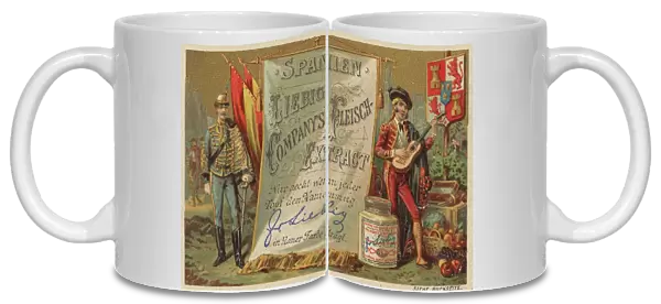 Picture series national flags, Spain, with soldier and guitar player, digitally restored reproduction of a collectors picture from c. 1900