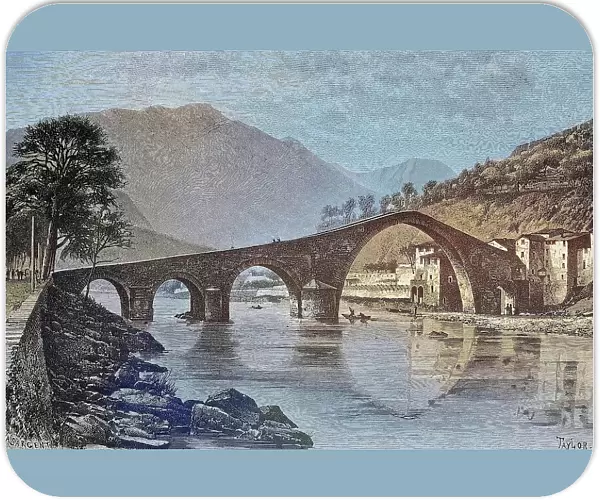 The Bridge della Maddalena or del Diavolo, near Lucca, Italy, Historical, digitally restored reproduction from a 19th century original