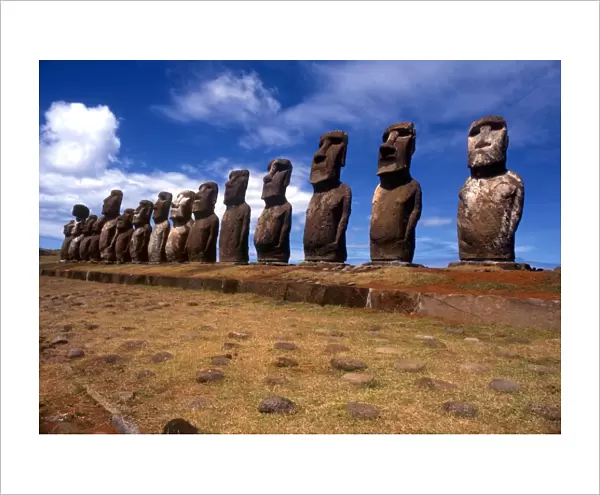 Easter Island - The raised upright giant statues below the ancient volcanic quarry