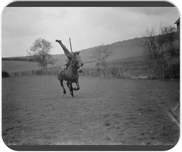Horse trick riding in Eynsford, Kent. Mr Jorganoff performing a side stand whilst