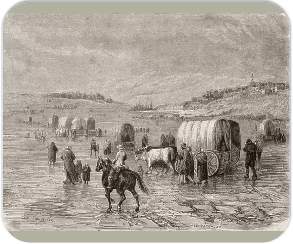 A Wagon Train Heading West in the 1860s, engraved by Stephane Pannemaker (1847-1930)