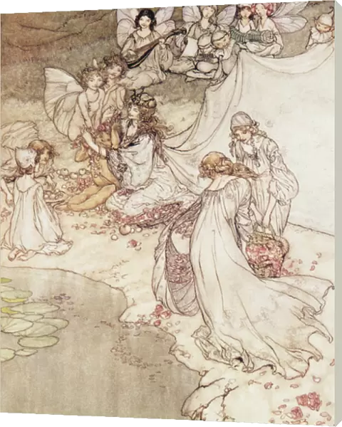 Illustration for a Fairy Tale, Fairy Queen Covering a Child with Blossom