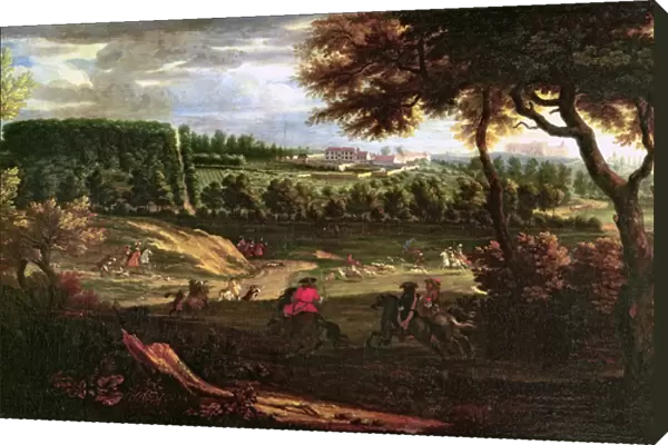 Louis XIV (1638-1715) Hunting at Marly with a a View of Chateau Vieux de Saint Germain